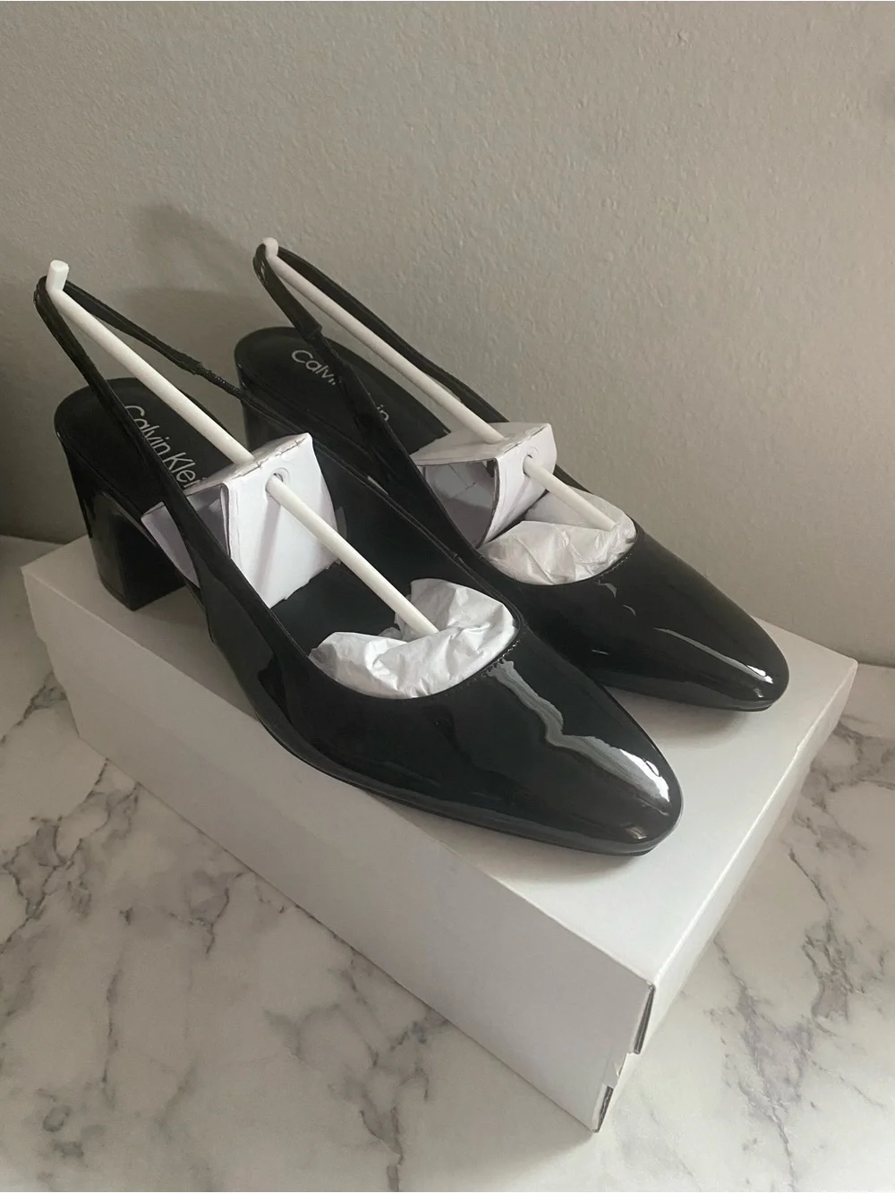 Calvin Klein Glossy Black Patent Slingback Block Heels